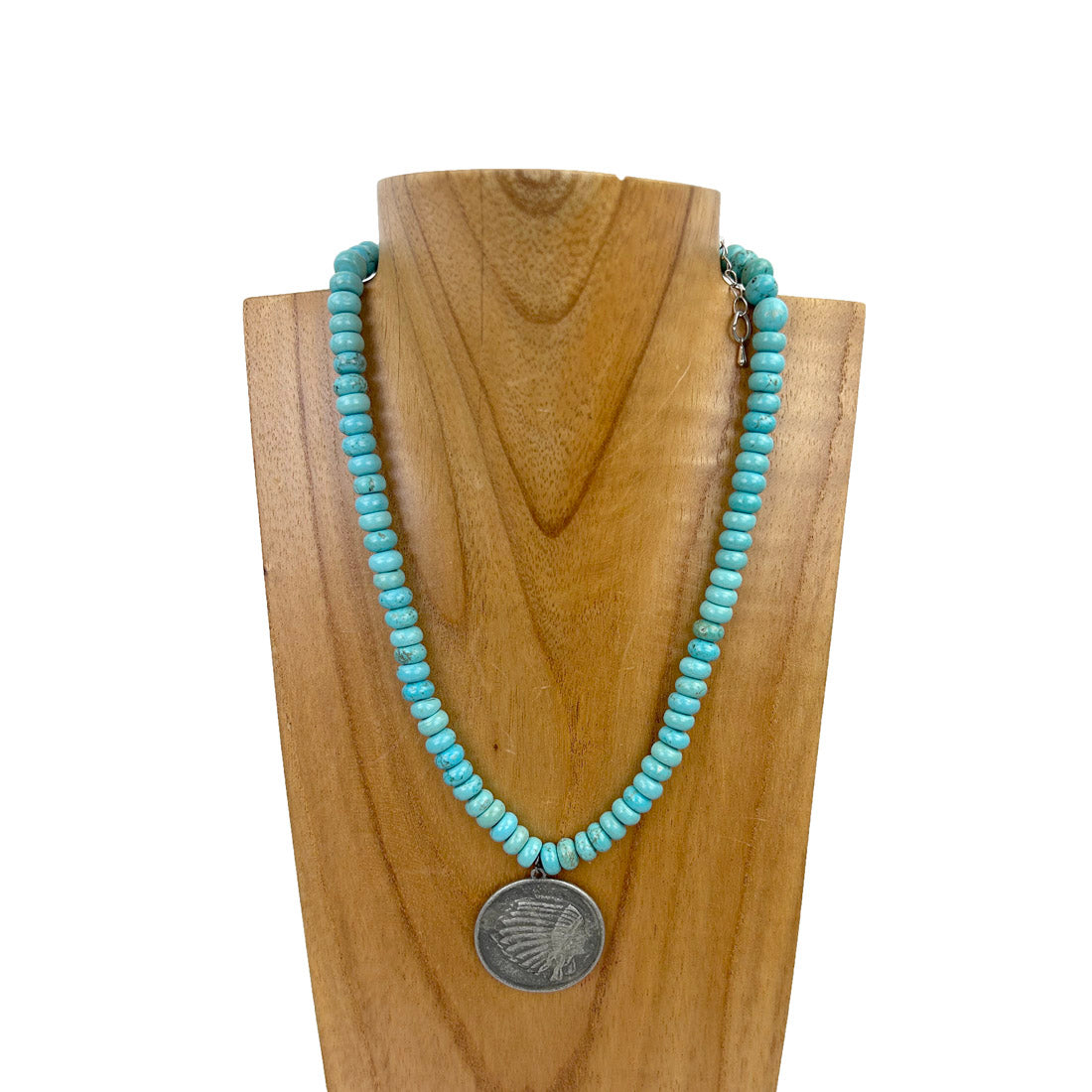 NKZ230930-45     17 inches roundel blue turquoise stone beads with silver metal Indian head Necklace