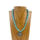 NKZ230930-45     17 inches roundel blue turquoise stone beads with silver metal Indian head Necklace