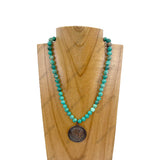 NKZ230930-46         17 inches round green stone beads with copper metal Indian head Necklace