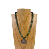 NKZ230930-48      17 inches roundel green stone beads with copper metal buffalo Necklace