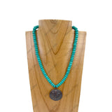 NKZ230930-49      17 inches roundel green stone beads with copper metal cactus Necklace