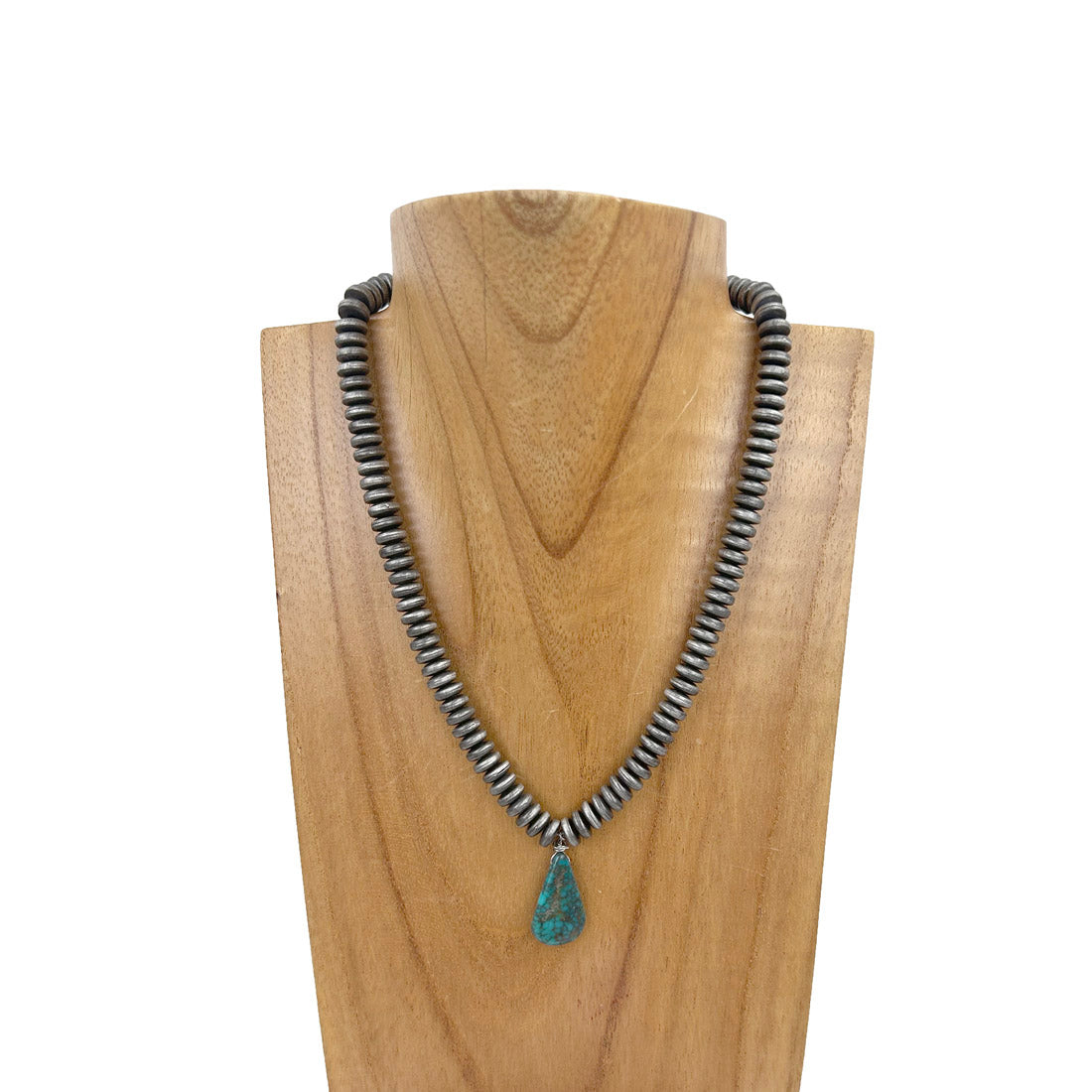 NKZ230930-50                               16 Inches silver roundel Navajo pearl beads with dark blue turquoise stone teardrop Necklace