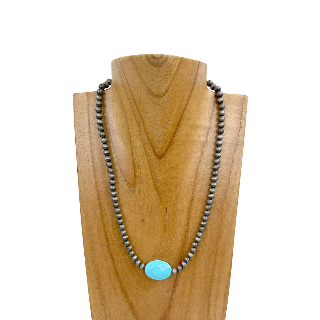 NKZ230930-61           18 Inches silver Navajo pearl beads with blue oval turquoise stone Necklace