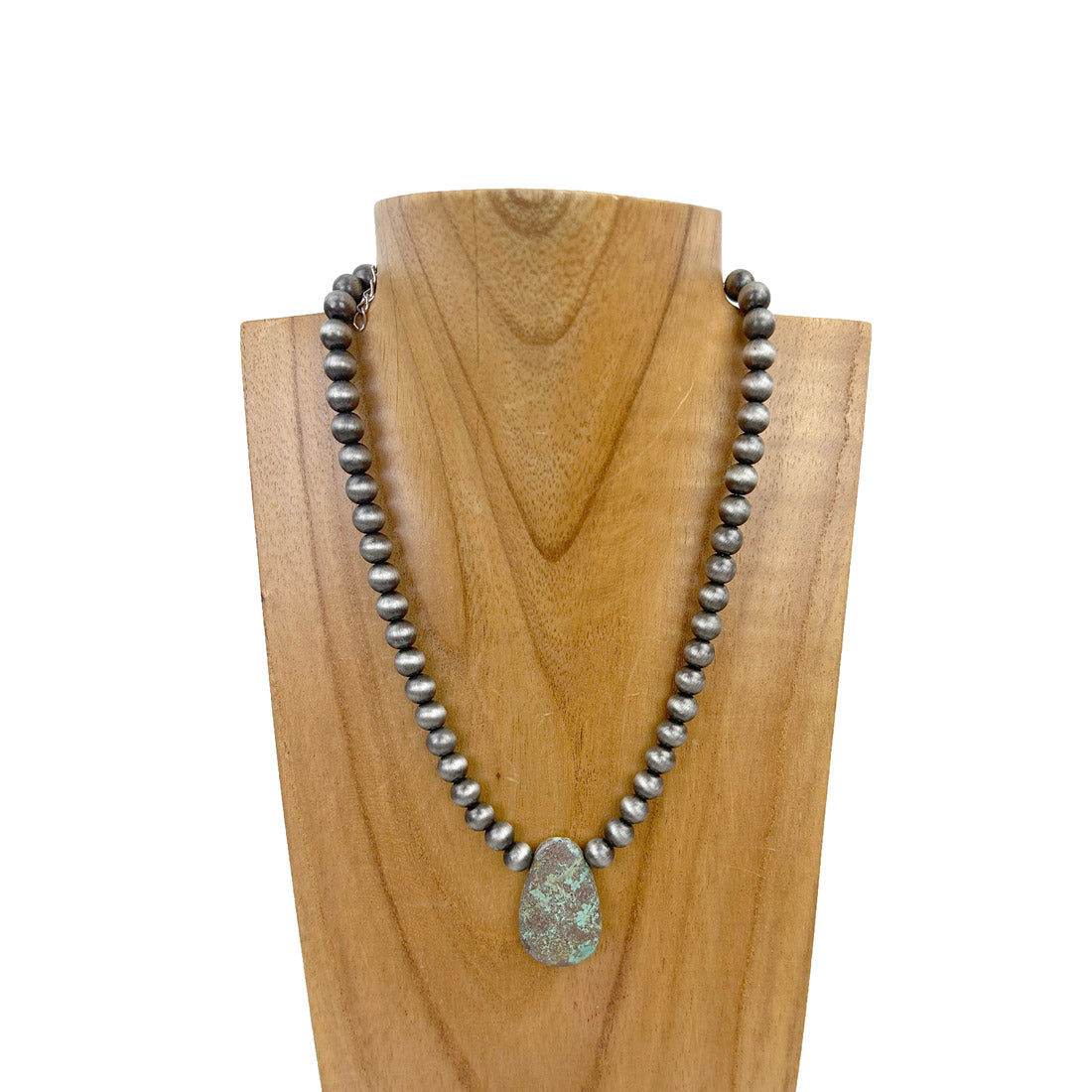 NKZ230930-62        16 Inches silver Navajo pearl beads with green jasper stone Necklace