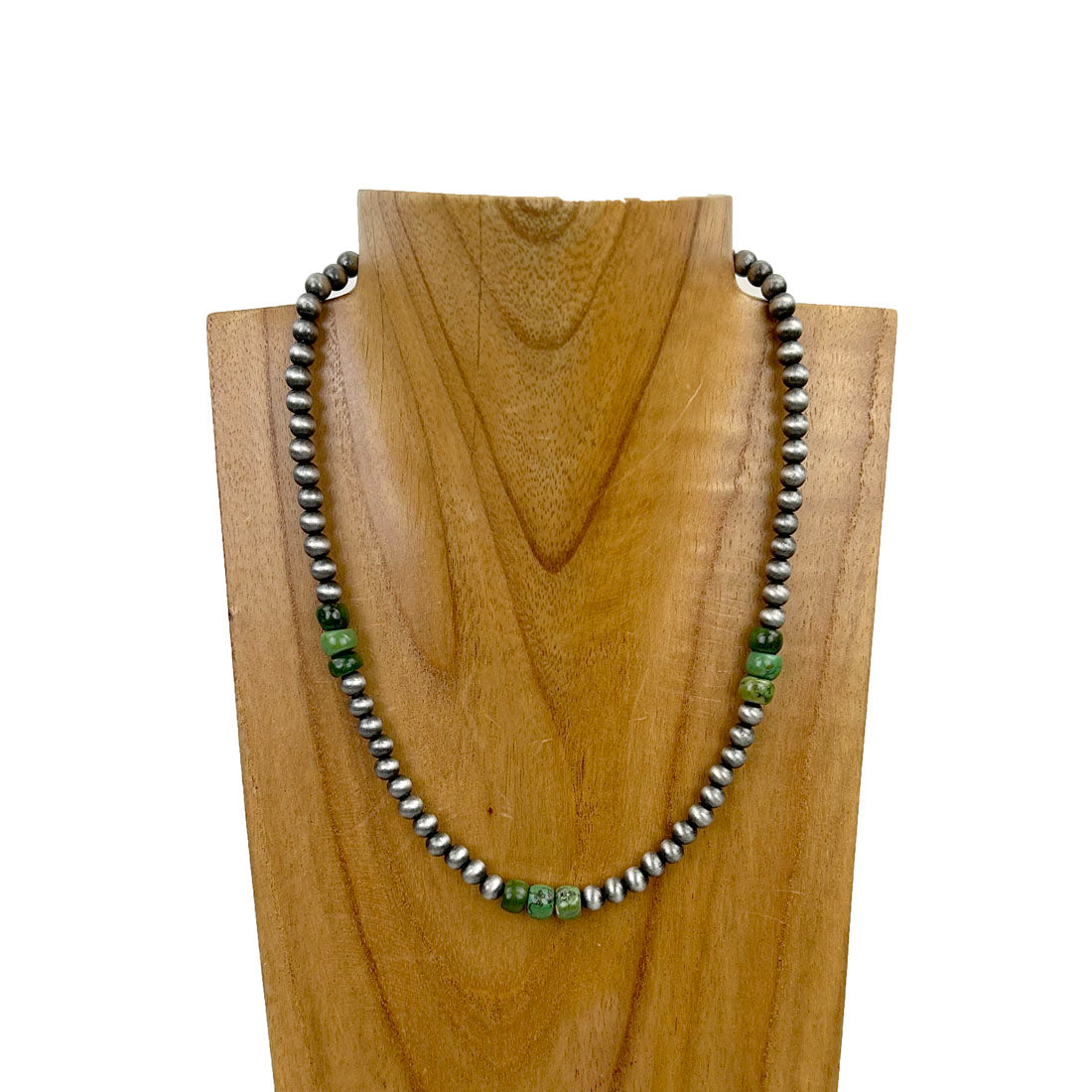 NKZ231014-01                  16 inches silver Navajo pearl beads with green roundel turquoise stone Necklace