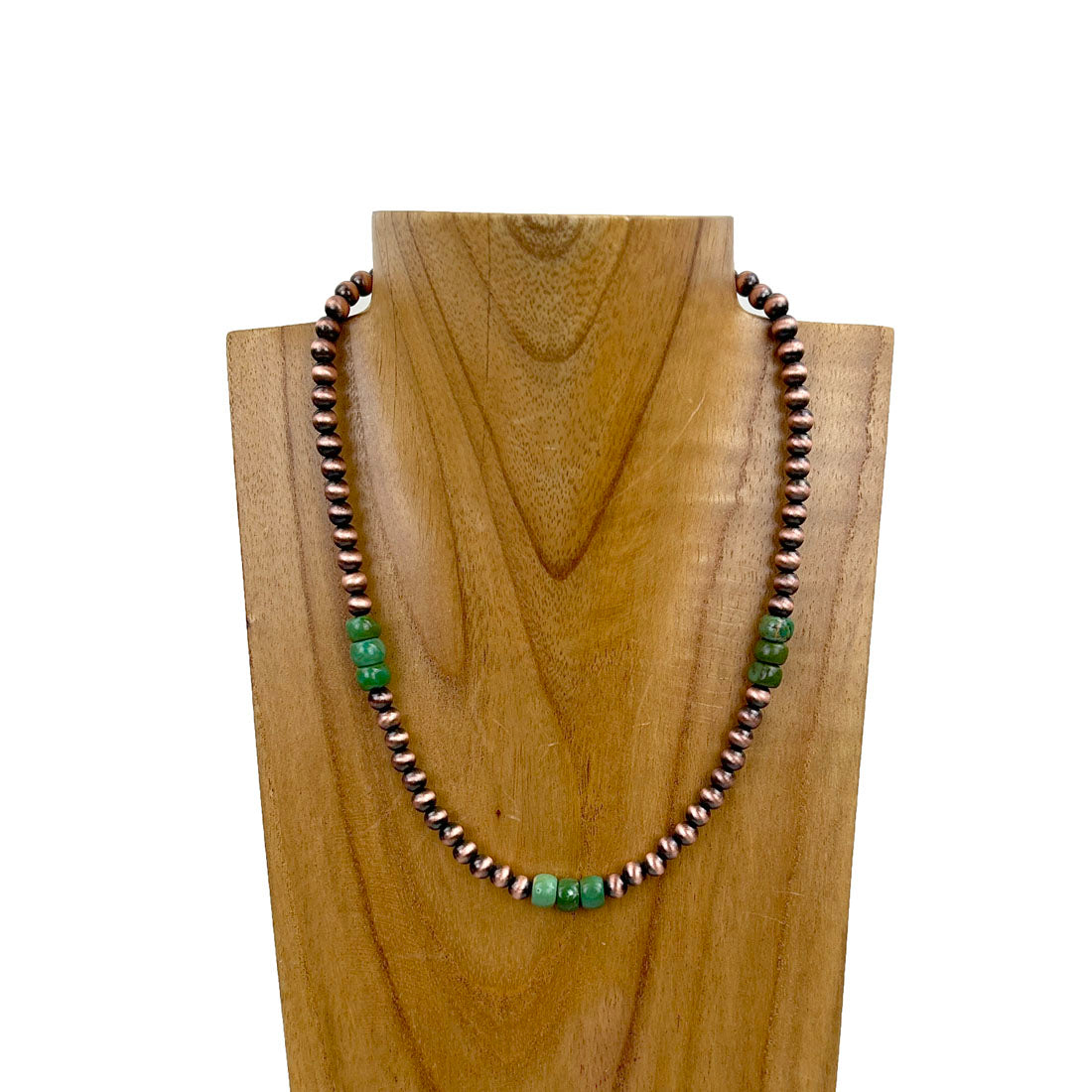 NKZ231014-02                  16 inches copper Navajo pearl beads with green roundel turquoise stone Necklace