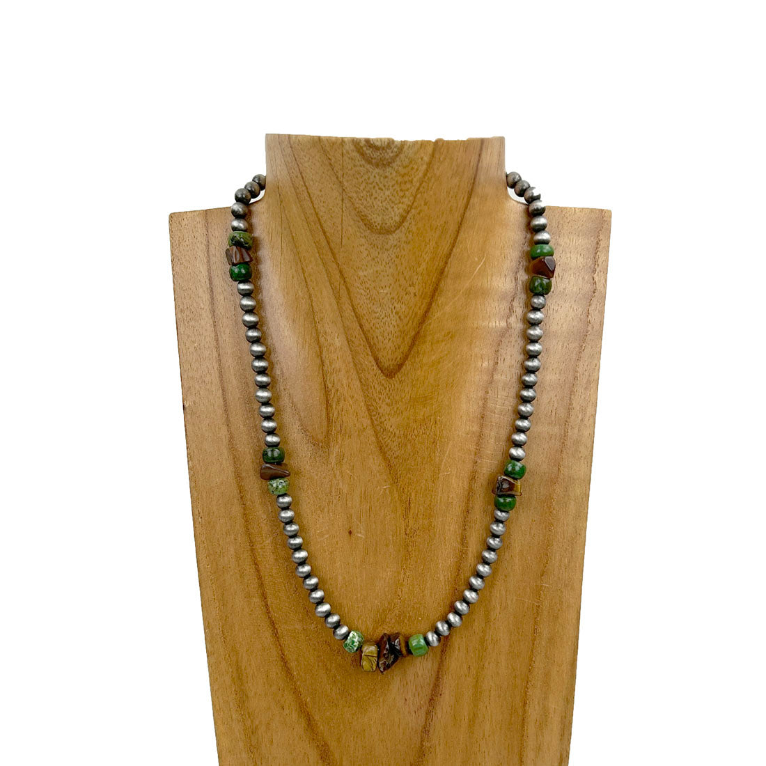 NKZ231014-03                  18 inches silver Navajo pearl beads with green roundel turquoise stone and tiger eye Necklace