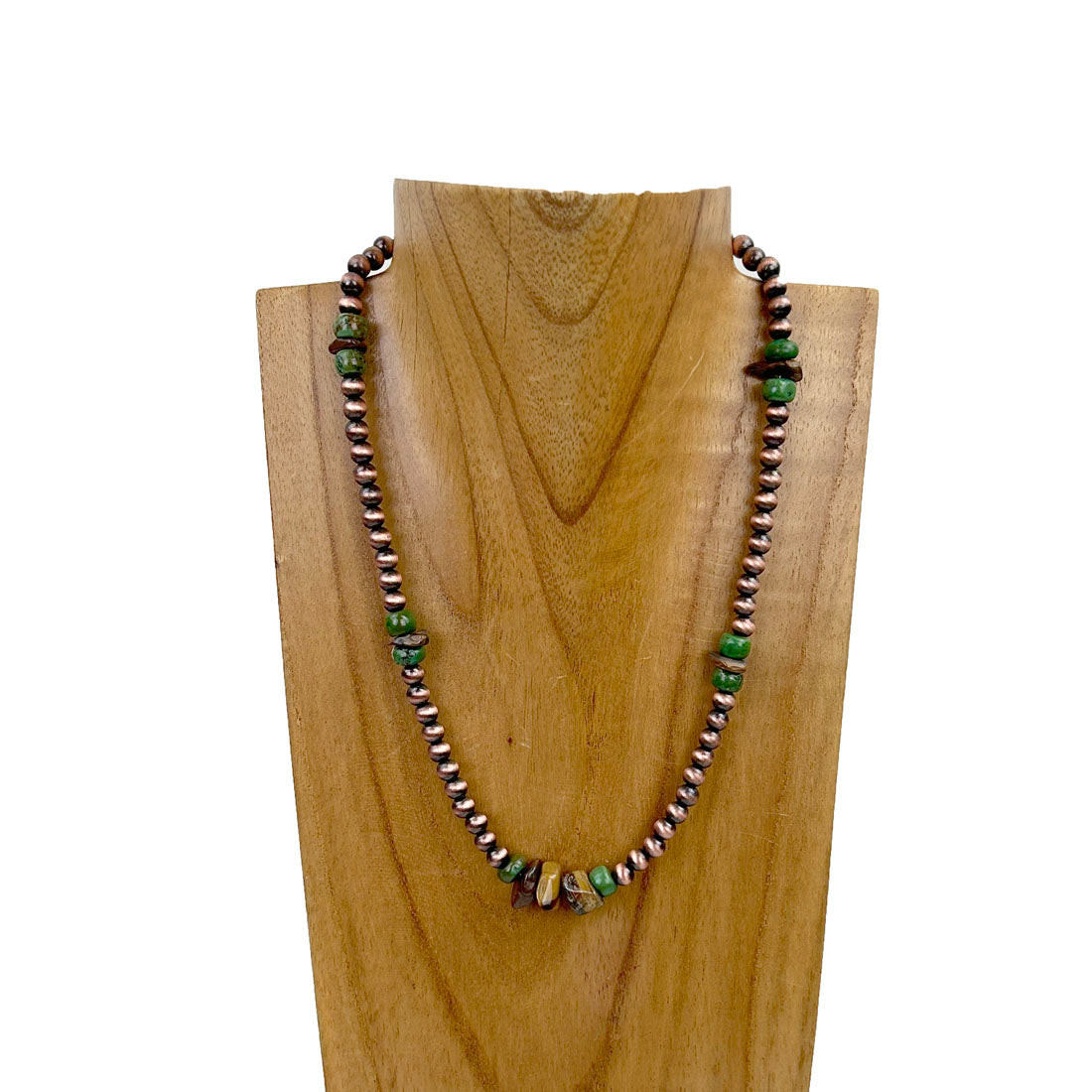 NKZ231014-04                  18 inches copper Navajo pearl beads with green roundel turquoise stone and tiger eye Necklace