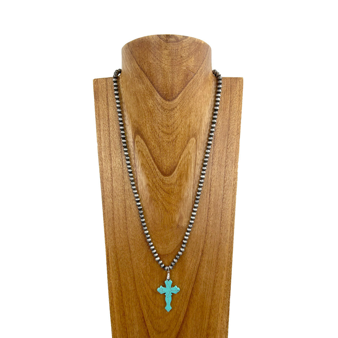 NKZ231014-05    24 inches silver Navajo pearl beads with blue turquoise stone cross Necklace
