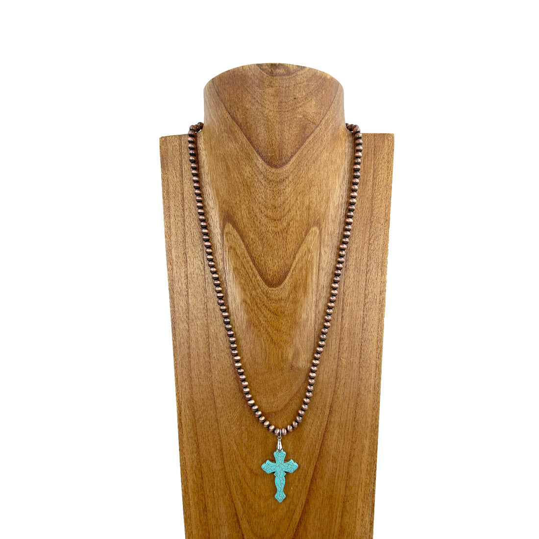 NKZ231014-06    24 inches copper Navajo pearl beads with blue turquoise stone cross Necklace