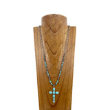 NKY230910-12-BLUE           30 inches silver metal chain and blue turquoise stone beads with blue turquoise stone cross pendent Necklace