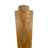 NKY230910-12-BLUE           30 inches silver metal chain and blue turquoise stone beads with blue turquoise stone cross pendent Necklace