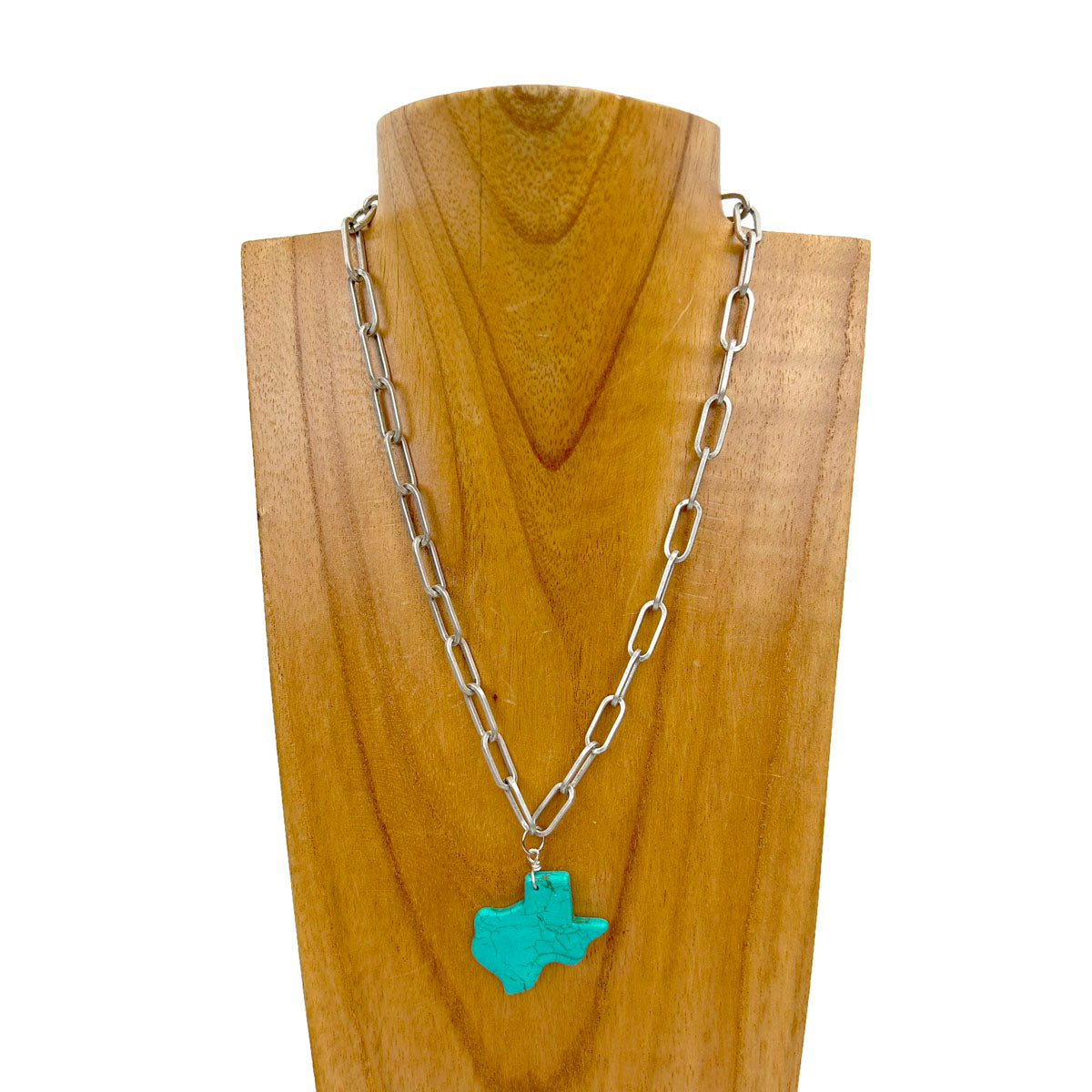 NKZ231112-19                  17 inches silver metal chain with blue turquoise stone TX map Necklace