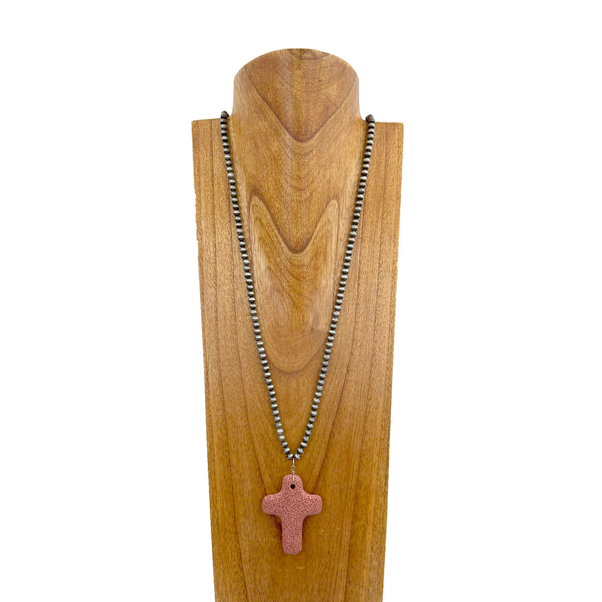 NKZ231112-34                36 inches silver Navajo pearl beads with pink lava stone cross pendent Necklace
