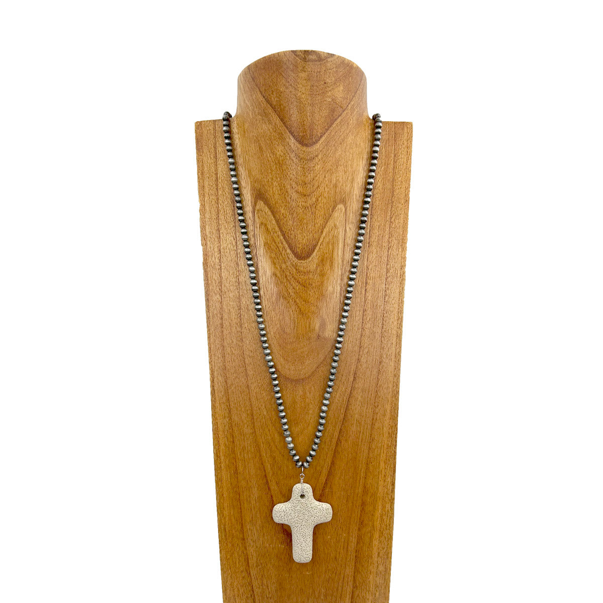 NKZ231112-34                36 inches silver Navajo pearl beads with pink lava stone cross pendent Necklace