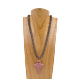 NKZ231112-44              21 inches copper roundel Navajo pearl beads with pink lava stone cross pendent Necklace