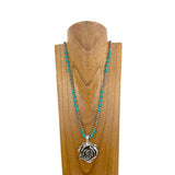 NKZ231115-61          32 Inches silver Navajo pearl and blue round turquoise beads with silver metal rose pendent Necklace