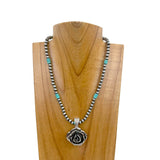 NKZ231112-67      16 Inches silver Navajo pearl and blue roundel turquoise beads with silver metal rose pendent Necklace