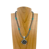 NKZ231112-67      16 Inches silver Navajo pearl and blue roundel turquoise beads with silver metal rose pendent Necklace