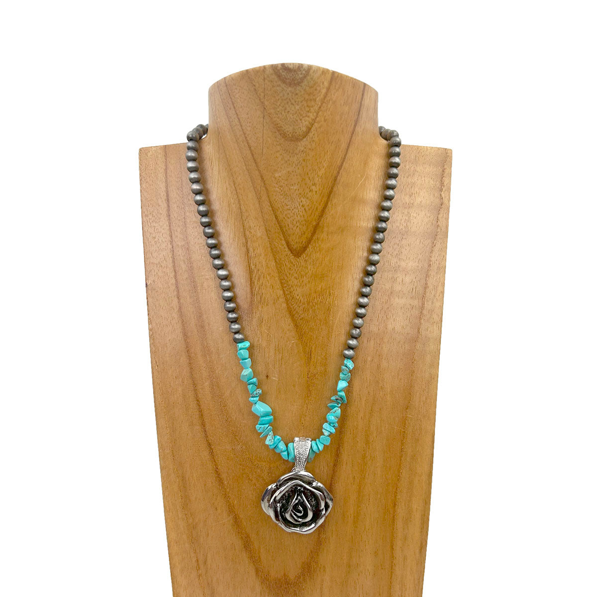 NKZ231112-73            16 inches silver Navajo pearl and blue turquoise stone beads with silver metal rose pendent necklace