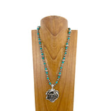 NKZ231112-88                  24 inches silver Navajo pearl and roundel blue turquoise stone beads with silver metal rose pendent Necklace
