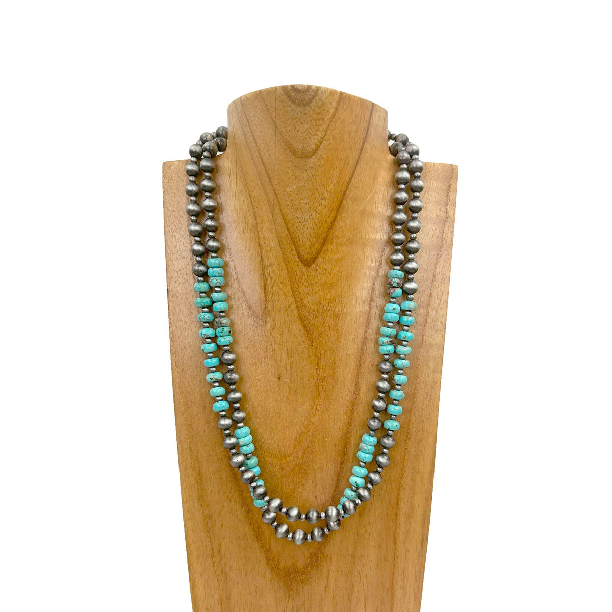 NKZ231115-95       21 inches double silver Navajo pearl with blue roundel turquoise stone beads Necklace