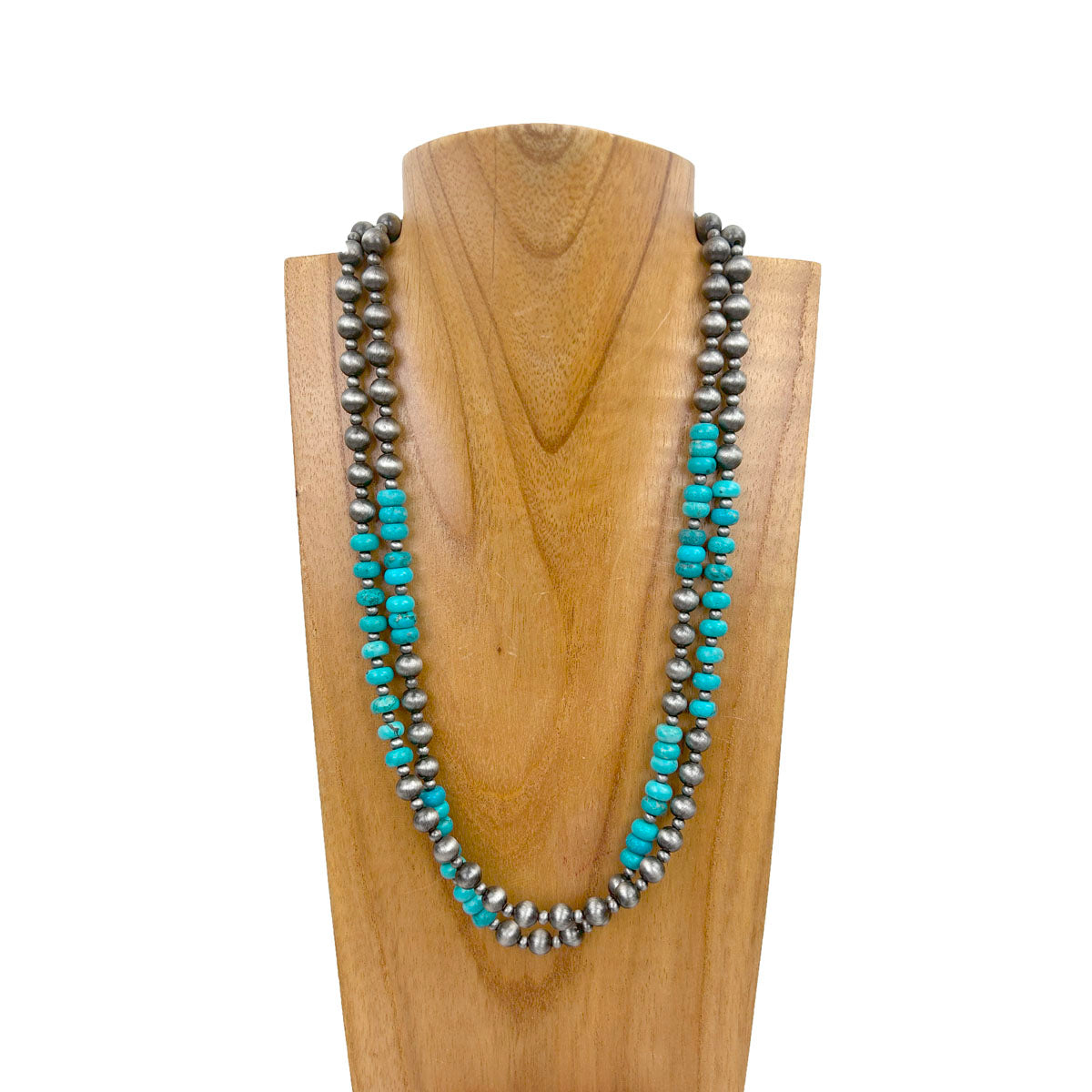 NKZ231115-95       21 inches double silver Navajo pearl with blue roundel turquoise stone beads Necklace