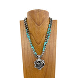 NKZ231116-01    21 inches double silver Navajo pearl and blue roundel turquoise stone beads with silver metal rose Necklace