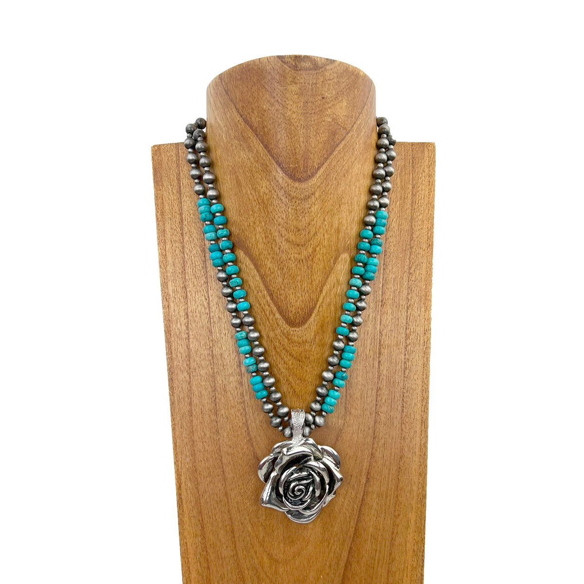 NKZ231116-01    21 inches double silver Navajo pearl and blue roundel turquoise stone beads with silver metal rose Necklace