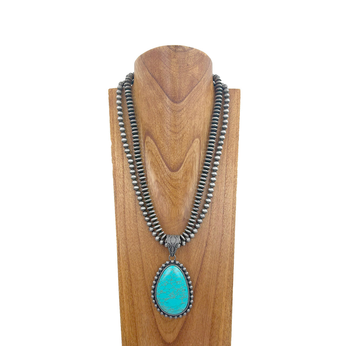 NKZ231124-05                          24 inches double silver Navajo pearl beads strings with blue turquoise stone teardrop pendent Necklace