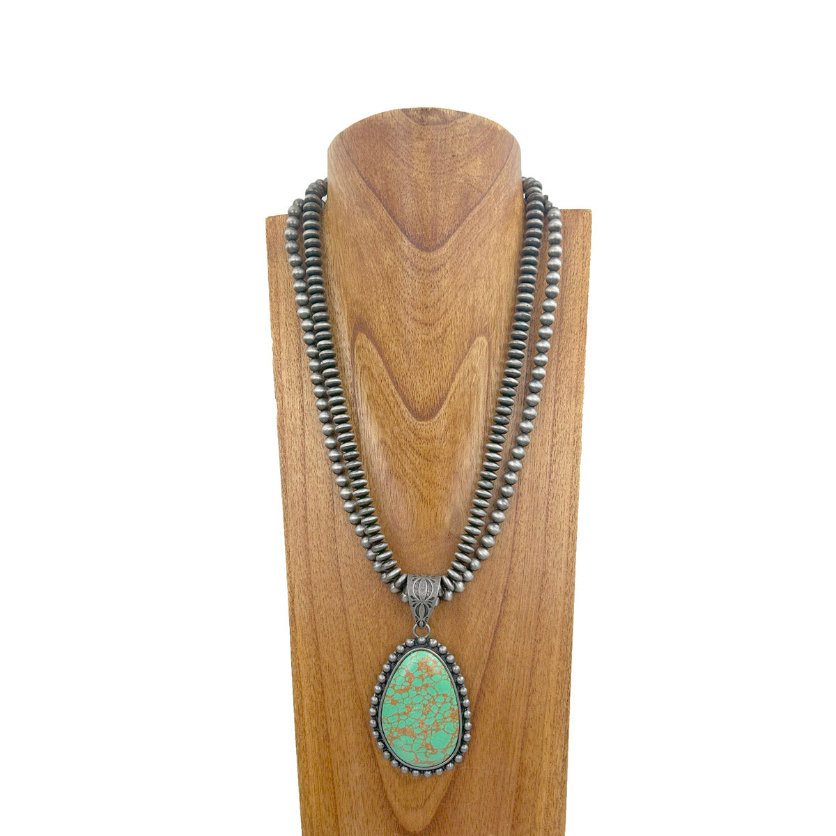 NKZ231124-05                          24 inches double silver Navajo pearl beads strings with blue turquoise stone teardrop pendent Necklace