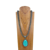 NKZ231124-09                       34 inches silver Navajo pearl beads strings with blue turquoise stone teardrop pendent Necklace