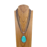 NKZ231124-13                        23 inches double copper Navajo pearl beads strings with blue turquoise stone teardrop pendent Necklace