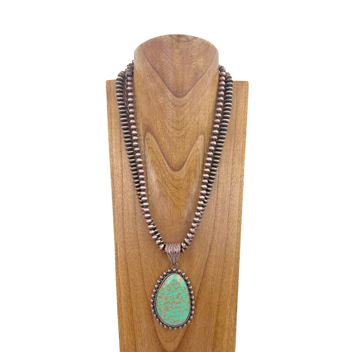 NKZ231124-13                        23 inches double copper Navajo pearl beads strings with blue turquoise stone teardrop pendent Necklace