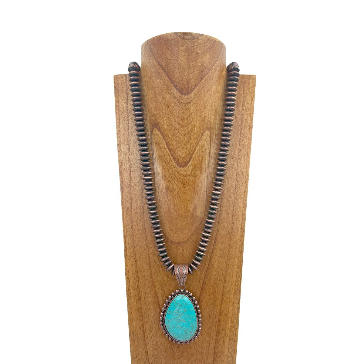 NKZ231124-17                 34 inches copper Navajo pearl beads strings with blue turquoise stone teardrop pendent Necklace