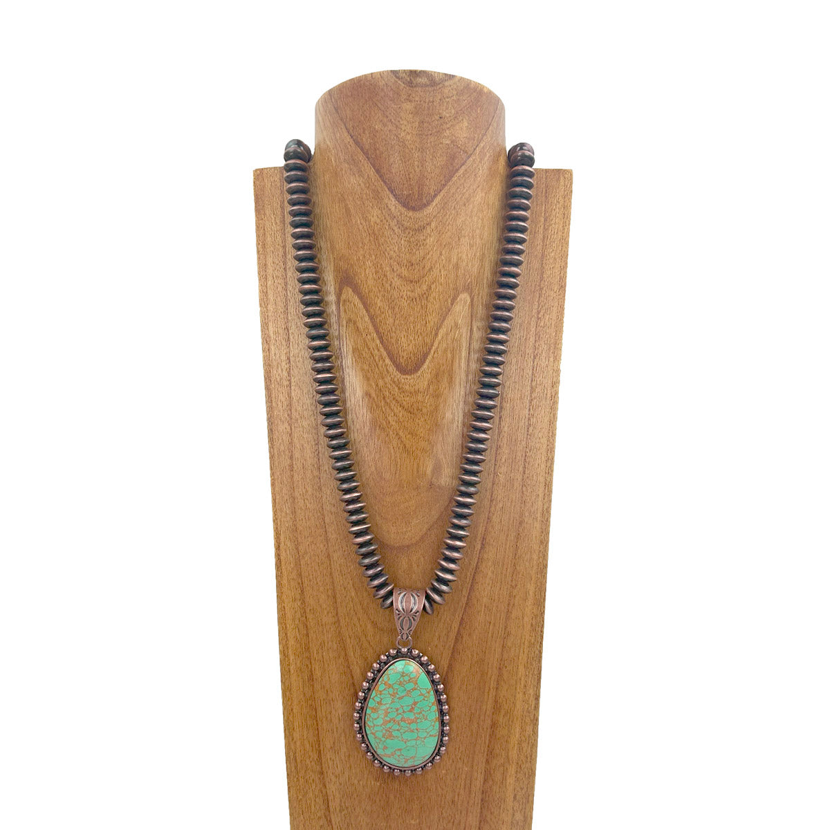 NKZ231124-17                 34 inches copper Navajo pearl beads strings with blue turquoise stone teardrop pendent Necklace