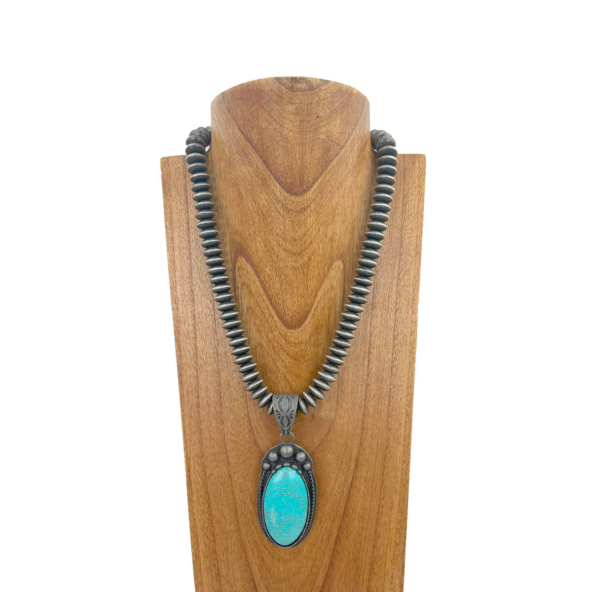 NKZ231124-21                    21 inches silver Navajo pearl beads strings with blue turquoise oval stone pendent Necklace
