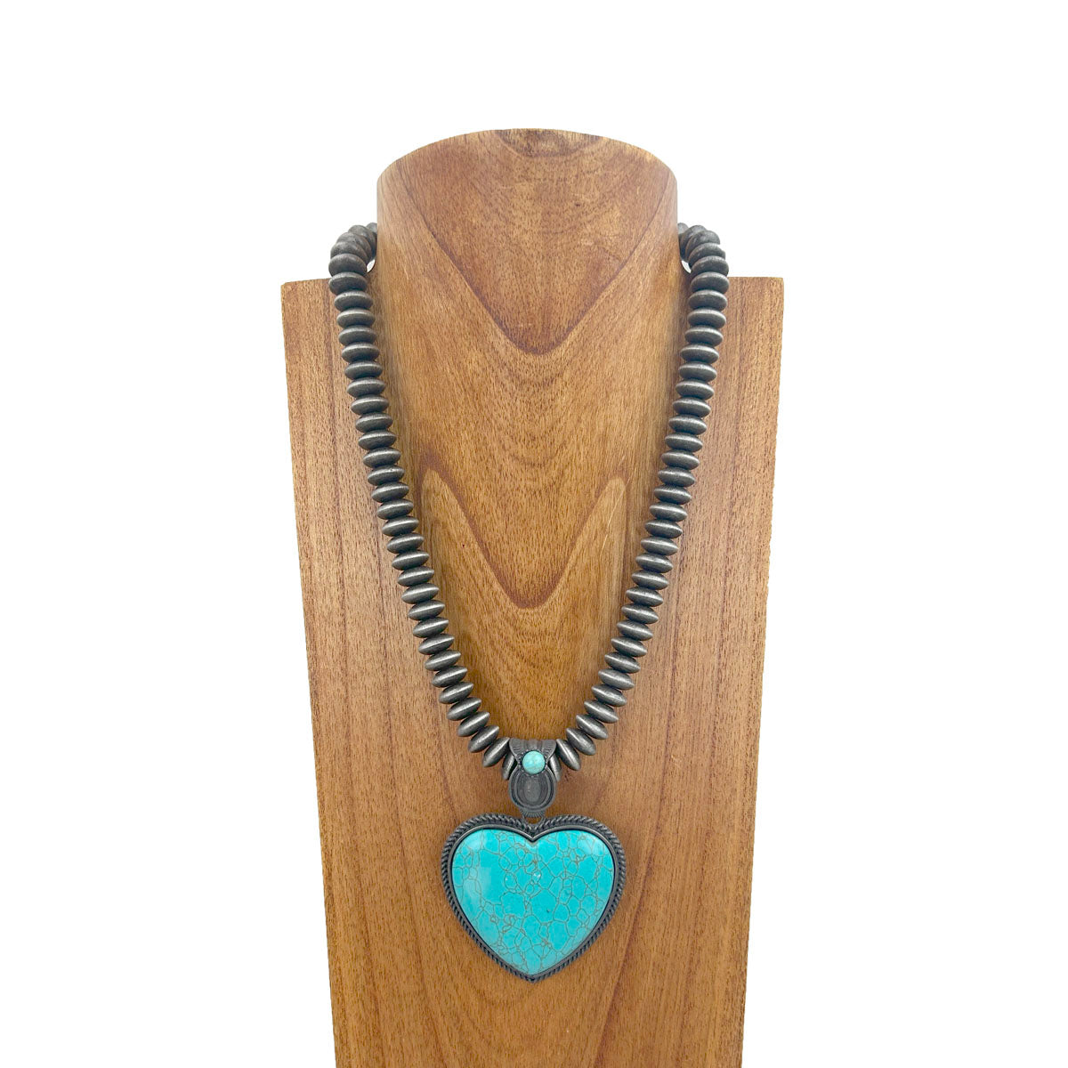 NKZ231124-25                          21 inches silver Navajo pearl beads strings with blue turquoise heart stone pendent Necklace