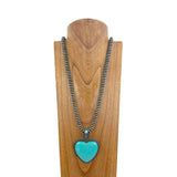 NKZ231124-35                          21 inches silver Navajo pearl beads strings with blue turquoise heart stone pendent Necklace