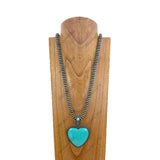 NKZ231124-35                          21 inches silver Navajo pearl beads strings with blue turquoise heart stone pendent Necklace
