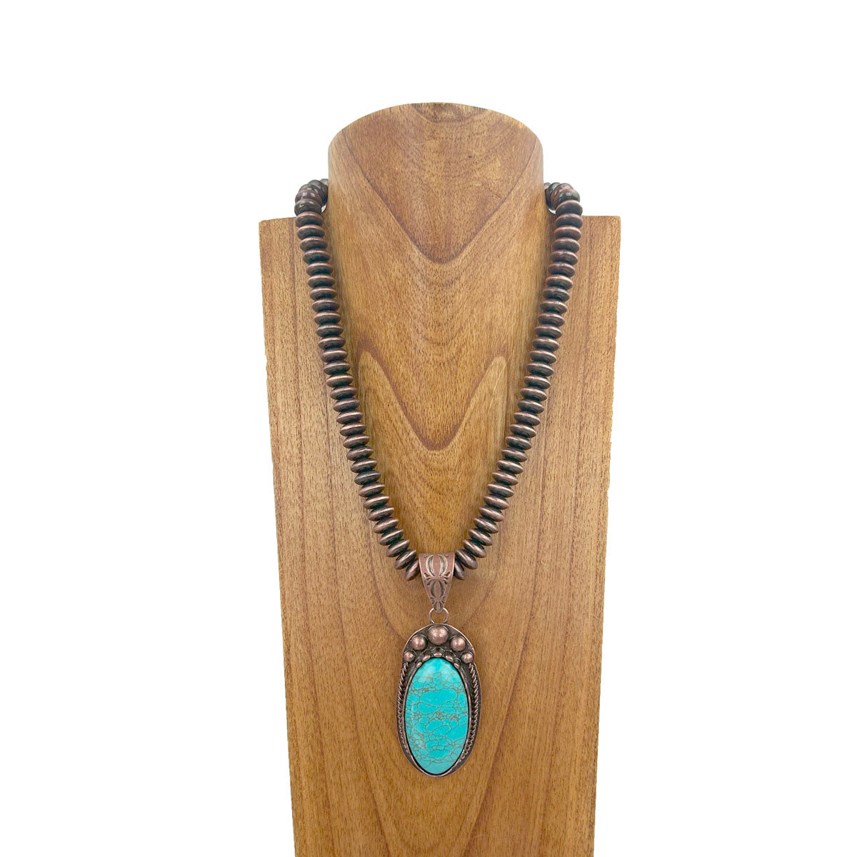 NKZ231124-41                  21 inches copper Navajo pearl beads strings with blue turquoise oval stone pendent Necklace