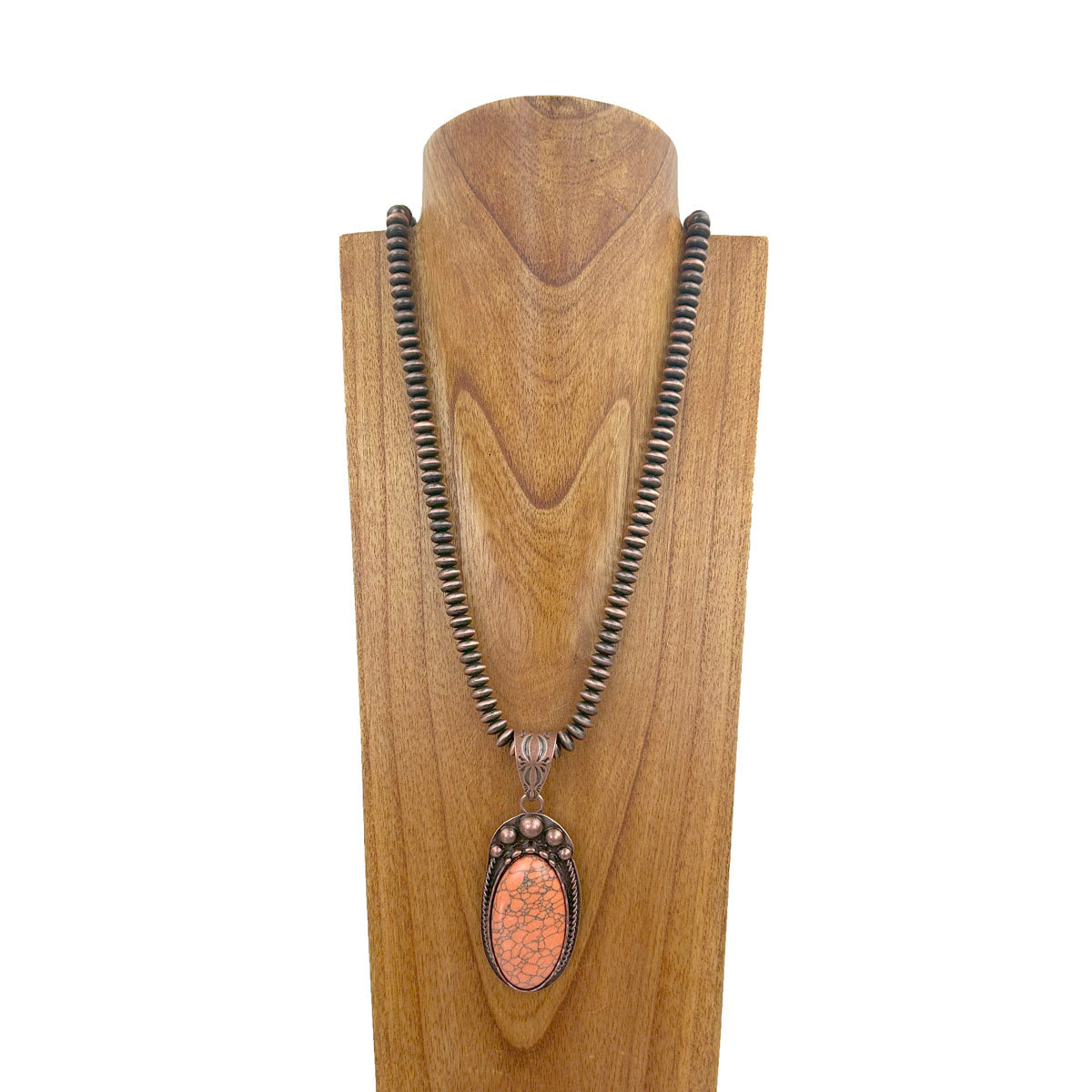NKZ231124-44               33 inches copper Navajo pearl beads strings with orange oval stone pendent Necklace