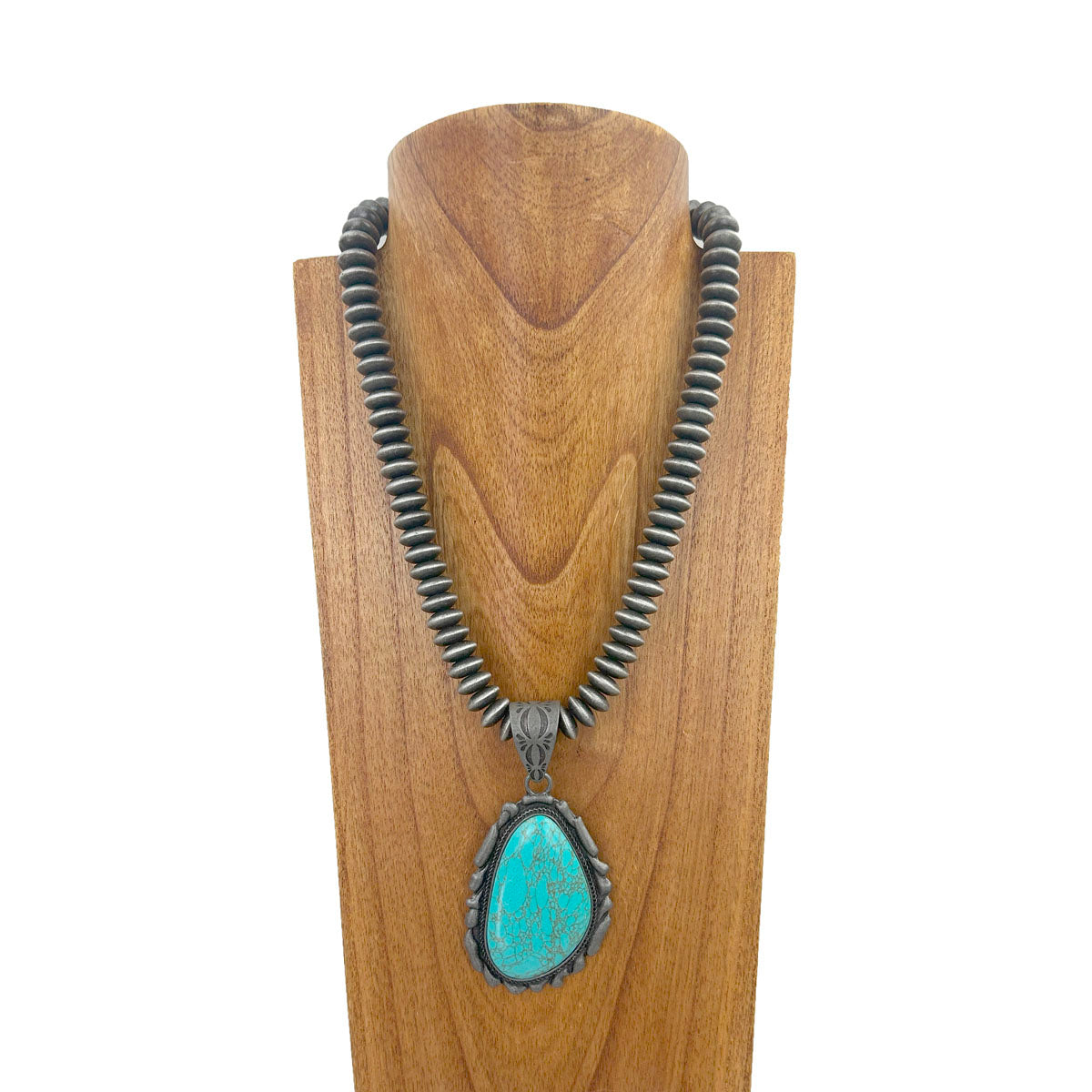 NKZ231124-47                   21 inches silver Navajo pearl beads strings with blue turquoise teardrop stone pendent Necklace