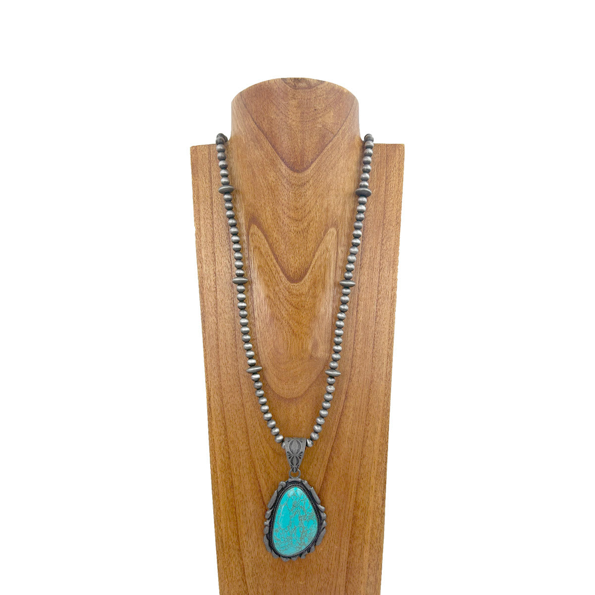 NKZ231124-51                    36 inches silver Navajo pearl beads strings with blue turquoise teardrop stone pendent Necklace