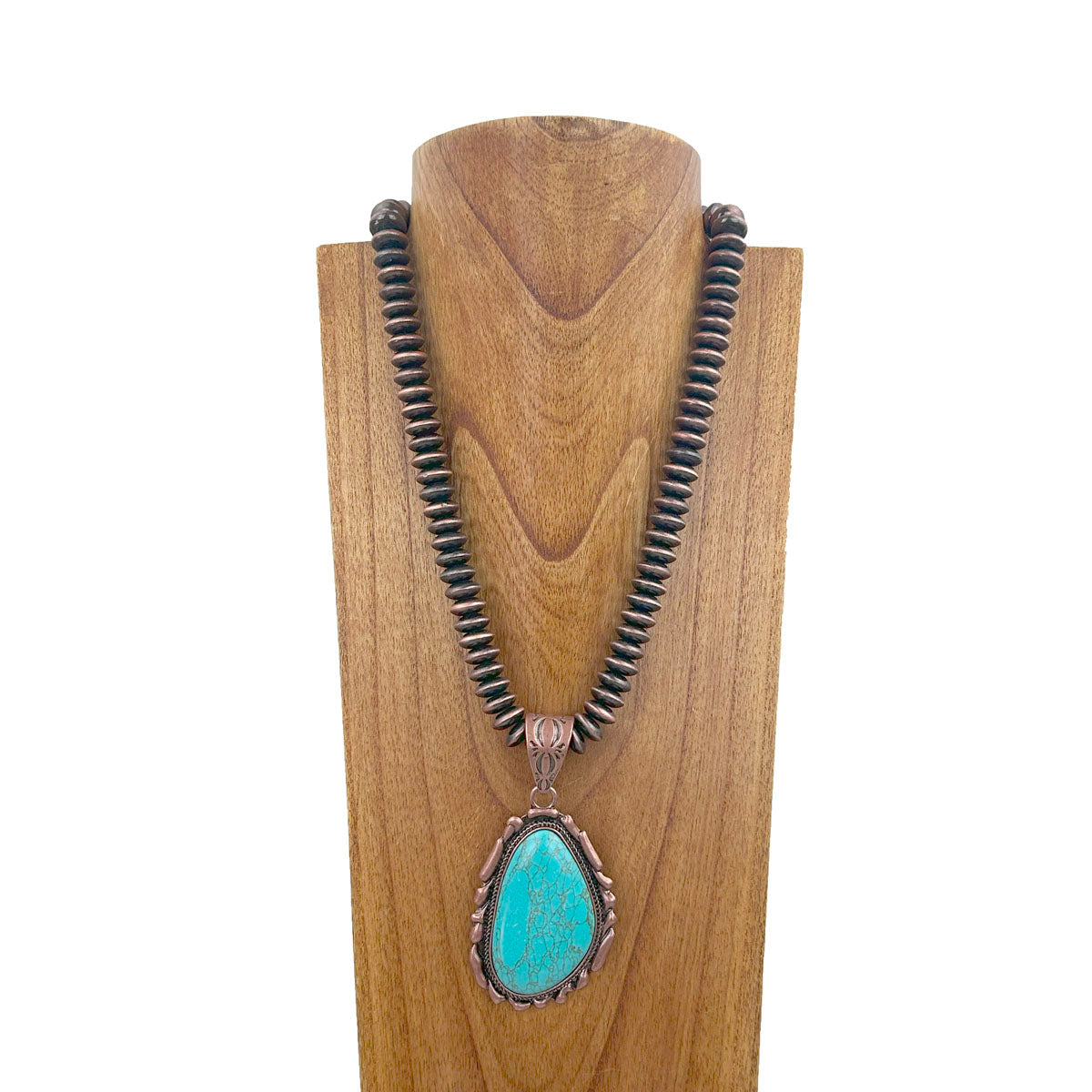 NKZ231124-55                 21 inches copper Navajo pearl beads strings with blue turquoise teardrop stone pendent Necklace