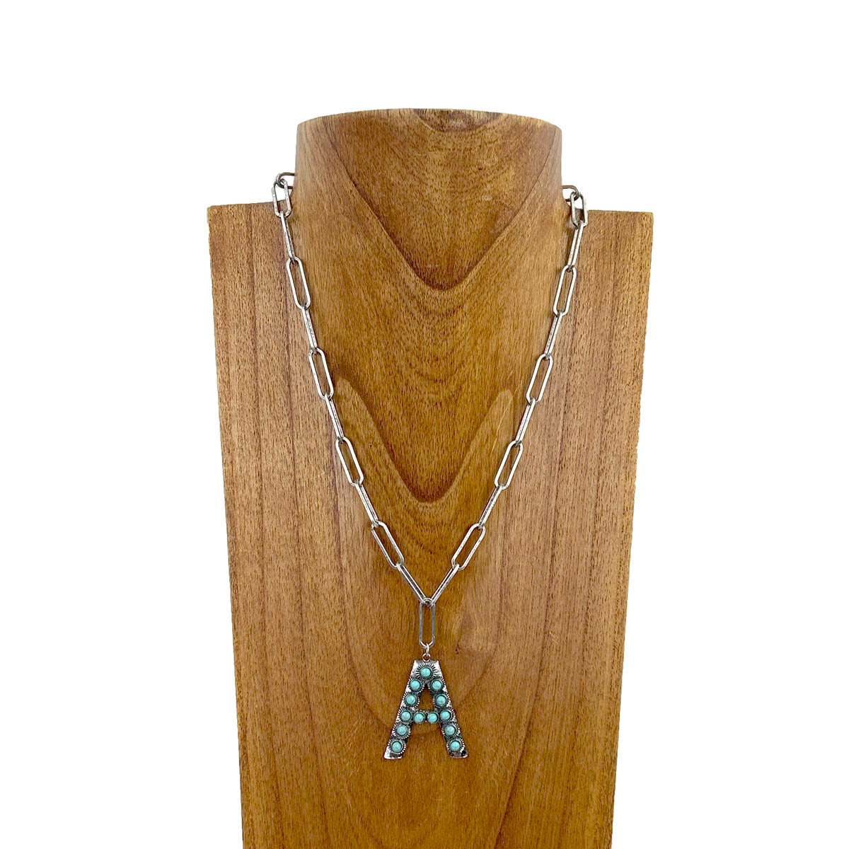 NKZ231125A-01                       20 inches silver metal chain with blue turquoise stone letter A Necklace