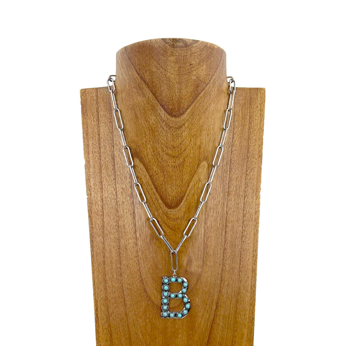 NKZ231125B-01                      20 inches silver metal chain with blue turquoise stone letter B Necklace
