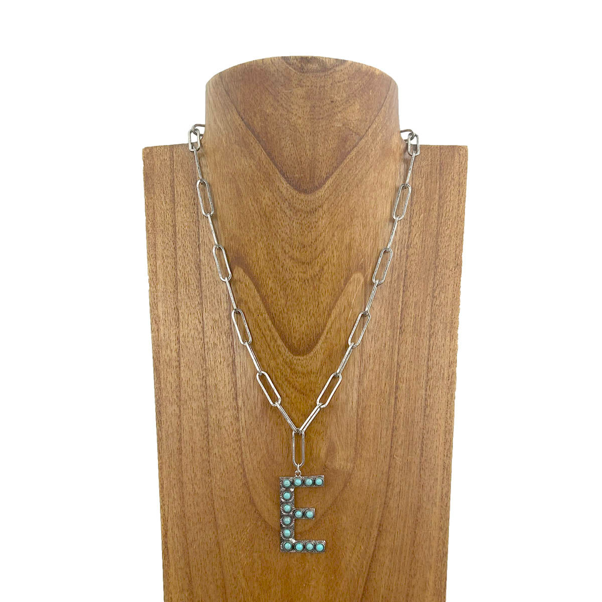 NKZ231125E-01              20 inches silver metal chain with blue turquoise stone letter E Necklace
