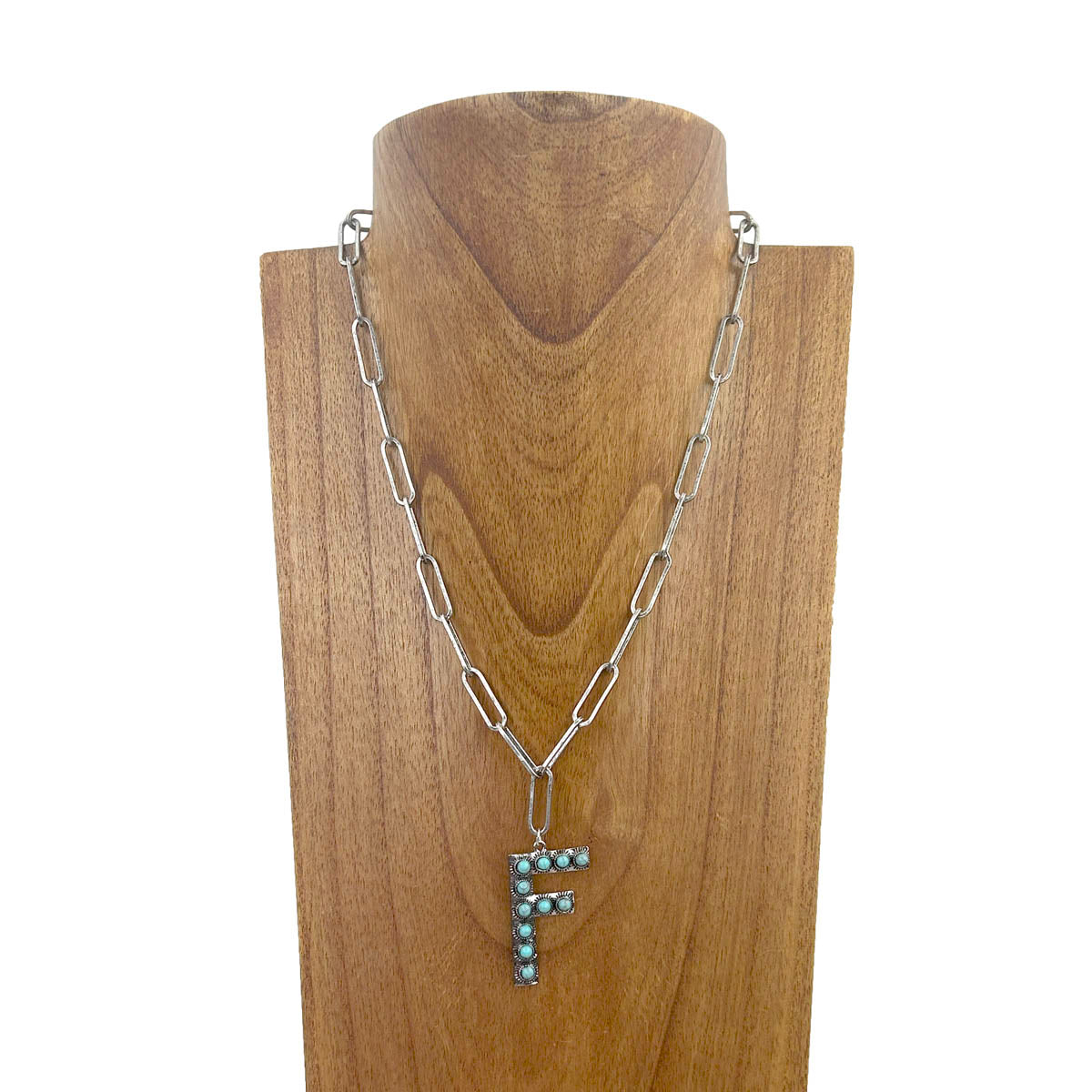 NKZ231125F-01              20 inches silver metal chain with blue turquoise stone letter F Necklace