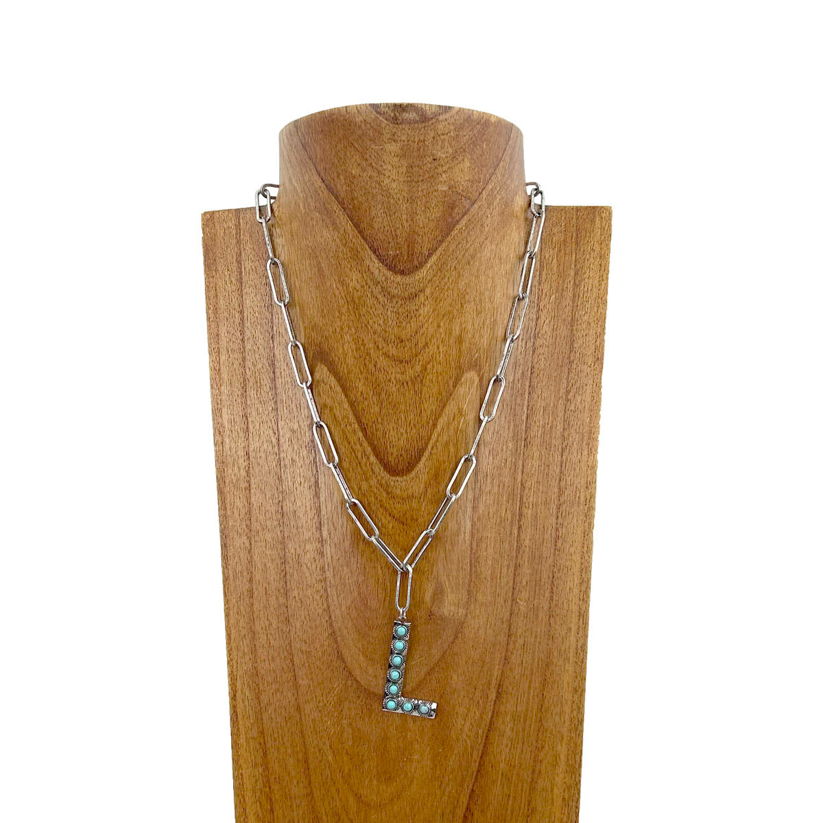 NKZ231125L-01              20 inches silver metal chain with blue turquoise stone letter L Necklace
